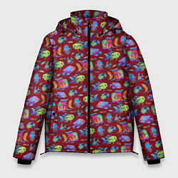 Куртка зимняя мужская Тропические рыбки на бордовом, цвет: 3D-черный
