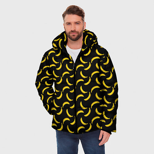 Мужская зимняя куртка Бананы паттерн на чёрном фоне / 3D-Черный – фото 3