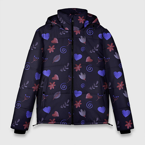 Мужская зимняя куртка Паттерн с сердечками и цветами / 3D-Красный – фото 1
