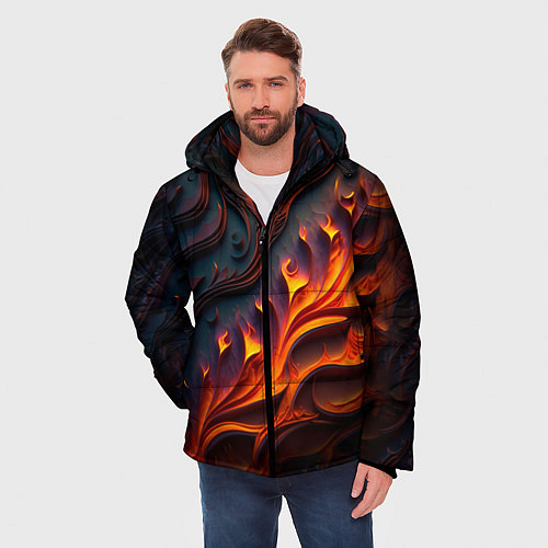 Мужская зимняя куртка Огненный орнамент с языками пламени / 3D-Черный – фото 3