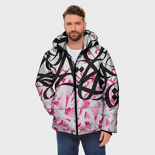Мужская зимняя куртка Черно-розовая каллиграфия / 3D-Черный – фото 3