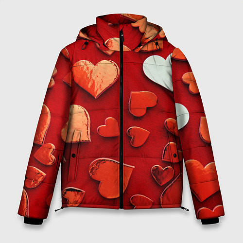 Мужская зимняя куртка Красные сердца на красном фоне / 3D-Красный – фото 1