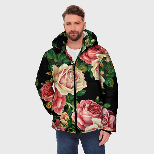 Мужская зимняя куртка Цветы на черном фоне / 3D-Черный – фото 3