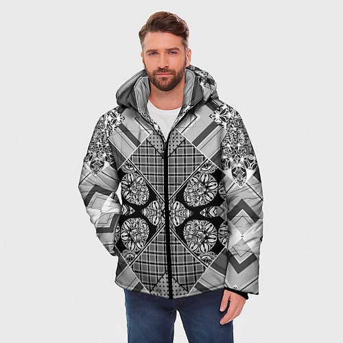 Мужская зимняя куртка Черно белый этнический лоскутный узор / 3D-Черный – фото 3
