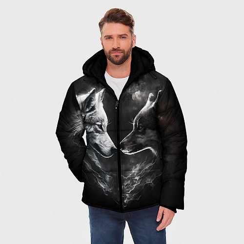 Мужская зимняя куртка Пара волков - белый и черный / 3D-Черный – фото 3