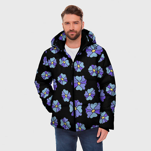 Мужская зимняя куртка Дудл цветы на черном - паттерн / 3D-Черный – фото 3