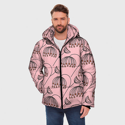 Мужская зимняя куртка Цветы в стиле бохо на пудрово-розовом фоне / 3D-Черный – фото 3