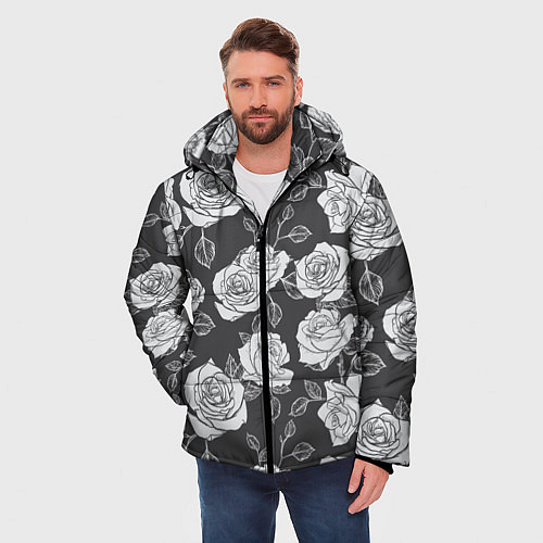 Мужская зимняя куртка Нарисованные белые розы / 3D-Черный – фото 3