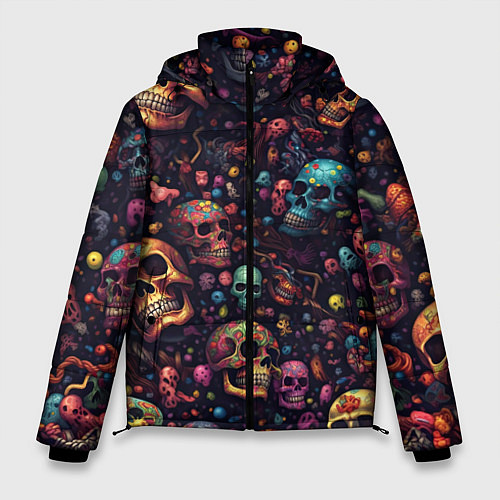 Мужская зимняя куртка Россыпь разноцветных черепков / 3D-Красный – фото 1