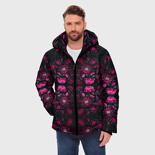 Мужская зимняя куртка Ярко-розовые неоновые лилии / 3D-Черный – фото 3