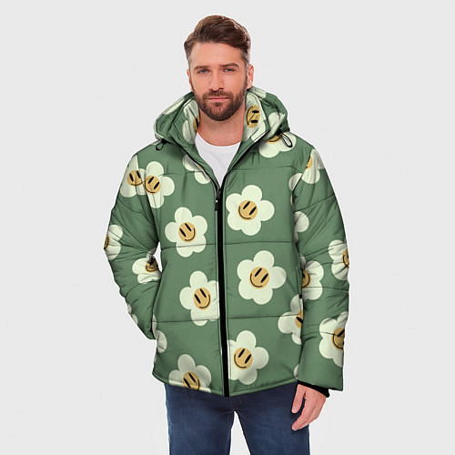 Мужская зимняя куртка Цветочки-смайлики: темно-зеленый паттерн / 3D-Черный – фото 3