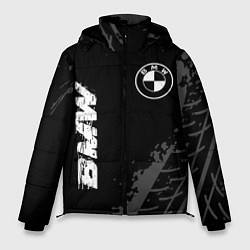 Куртка зимняя мужская BMW speed на темном фоне со следами шин: надпись,, цвет: 3D-черный