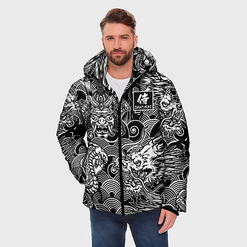 Мужская зимняя куртка Татуировки самурая / 3D-Черный – фото 3