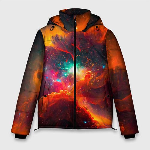 Мужская зимняя куртка Небула в космосе в оранжевых тонах - нейронная сет / 3D-Красный – фото 1