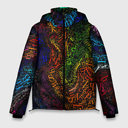Куртка зимняя мужская Разноцветные английские буквы, цвет: 3D-черный