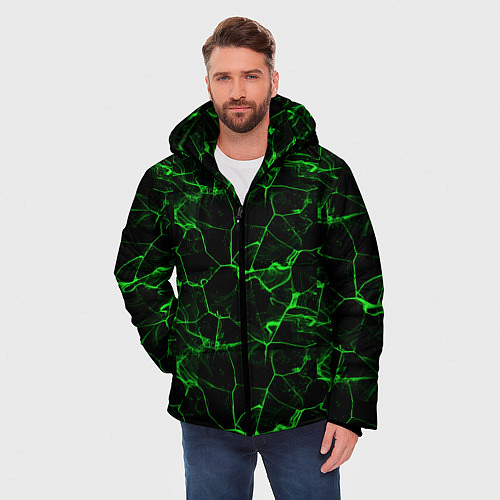 Мужская зимняя куртка Разломы зеленого пламени / 3D-Черный – фото 3
