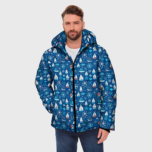 Мужская зимняя куртка Кораблики синий фон / 3D-Черный – фото 3