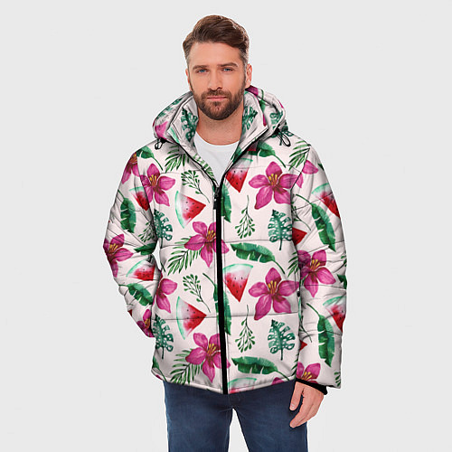 Мужская зимняя куртка Арбузы, цветы и тропические листья / 3D-Светло-серый – фото 3