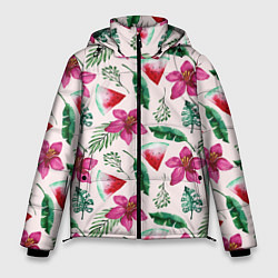 Мужская зимняя куртка Арбузы, цветы и тропические листья