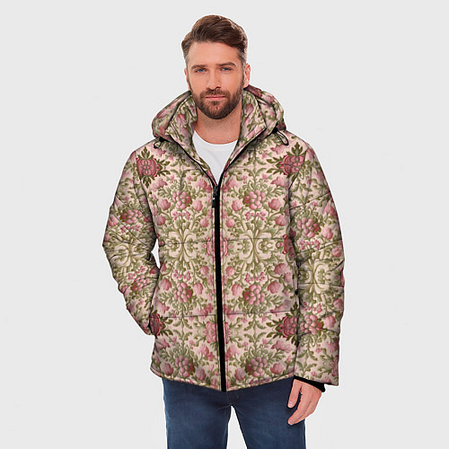 Мужская зимняя куртка Розовые цветы и вензеля / 3D-Черный – фото 3