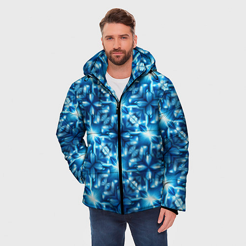 Мужская зимняя куртка Светящиеся голубые цветы / 3D-Черный – фото 3