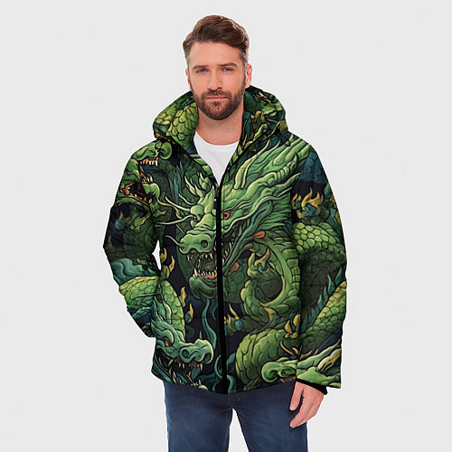 Мужская зимняя куртка Зеленые драконы: арт нейросети / 3D-Черный – фото 3