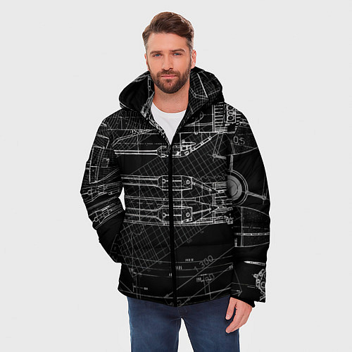 Мужская зимняя куртка Чертеж ракеты на чёрном фоне / 3D-Черный – фото 3
