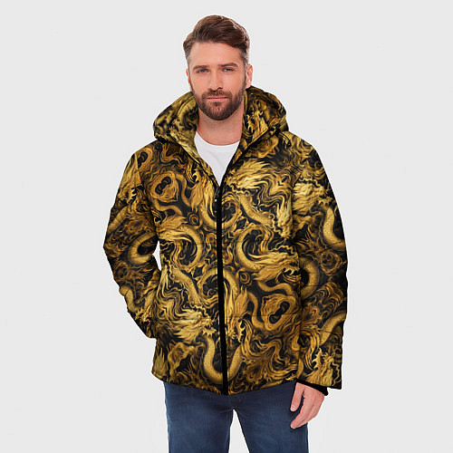 Мужская зимняя куртка Золотые китайские драконы / 3D-Черный – фото 3