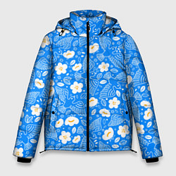 Мужская зимняя куртка Белые птицы голуби и цветы яблони на синем фоне не