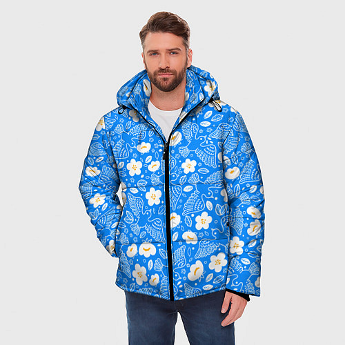 Мужская зимняя куртка Белые птицы голуби и цветы яблони на синем фоне не / 3D-Черный – фото 3