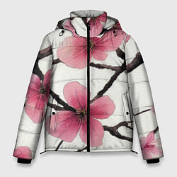 Мужская зимняя куртка Цветы и ветви японской сакуры - текстура холста