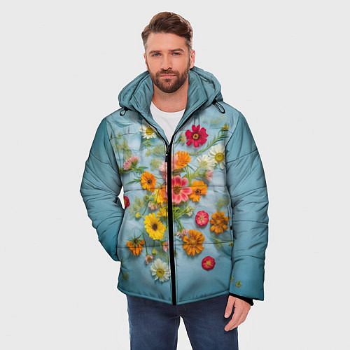 Мужская зимняя куртка Букет полевых цветов на ткани / 3D-Черный – фото 3