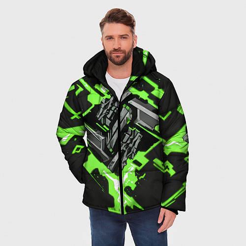Мужская зимняя куртка Зелёный рунический камень киберпанк / 3D-Черный – фото 3