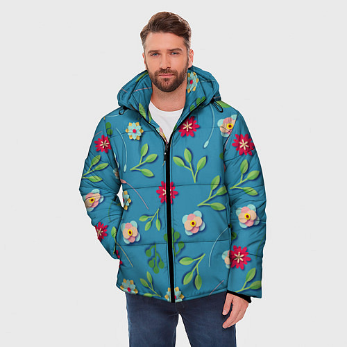 Мужская зимняя куртка Цветы и зеленые веточки / 3D-Светло-серый – фото 3