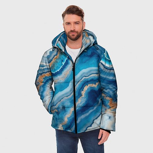 Мужская зимняя куртка Текстура голубого океанического агата / 3D-Черный – фото 3