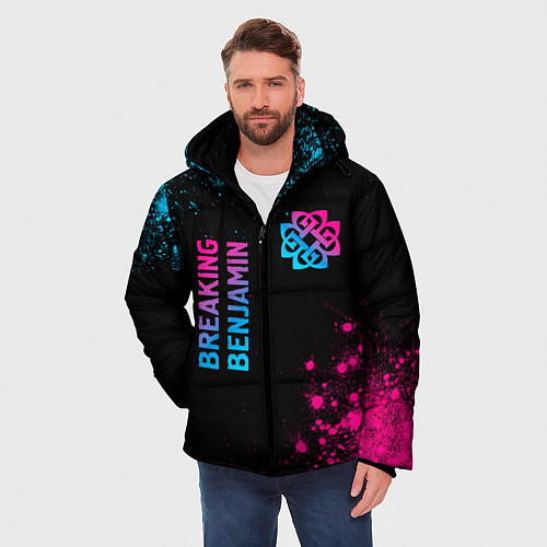Мужская зимняя куртка Breaking Benjamin - neon gradient: надпись, символ / 3D-Черный – фото 3