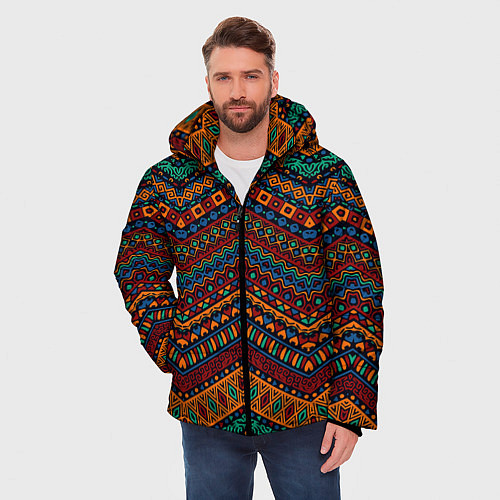 Мужская зимняя куртка Этнический орнамент зигзаги / 3D-Черный – фото 3