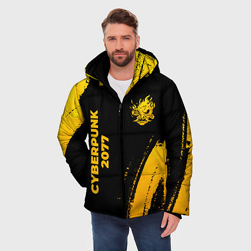 Мужская зимняя куртка Cyberpunk 2077 - gold gradient: надпись, символ / 3D-Черный – фото 3
