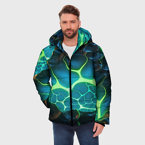 Мужская зимняя куртка Разлом синих и зеленых неоновых плит / 3D-Красный – фото 3