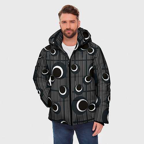 Мужская зимняя куртка Черные и белые круги на сером / 3D-Черный – фото 3