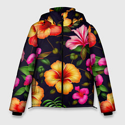 Куртка зимняя мужская Гавайские цветы узор, цвет: 3D-черный