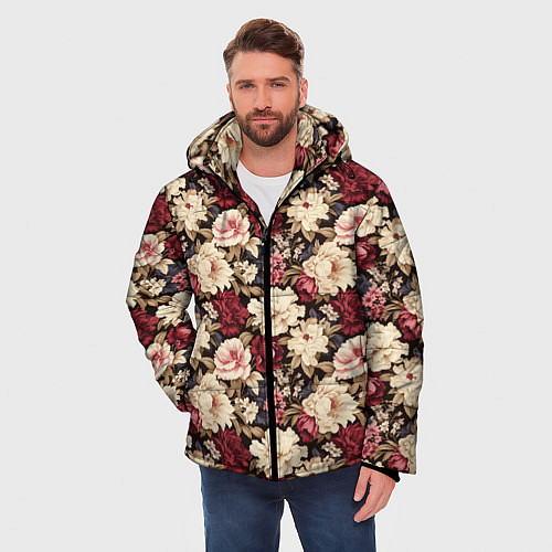 Мужская зимняя куртка Винтажные цветы паттерн / 3D-Черный – фото 3