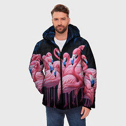 Куртка зимняя мужская Стая розовых фламинго в темноте, цвет: 3D-черный — фото 2