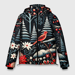 Куртка зимняя мужская Новогодний лес и птицы, цвет: 3D-красный