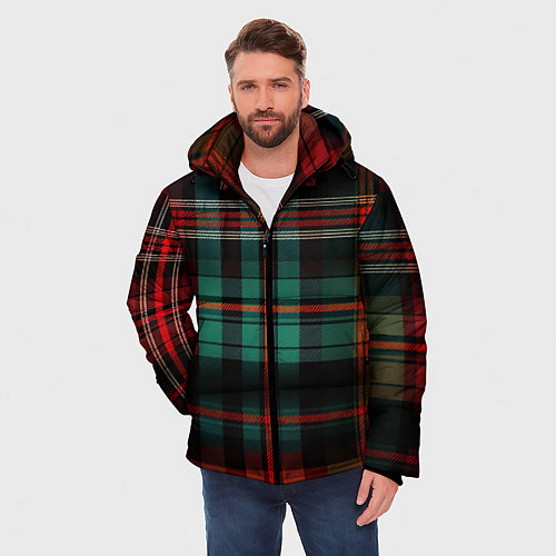 Мужская зимняя куртка Красно-зелёная шотландская клетка / 3D-Черный – фото 3