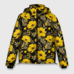 Мужская зимняя куртка Желтые цветы на черном фоне паттерн