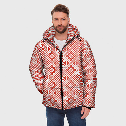 Мужская зимняя куртка Сварожич - славянский орнамент / 3D-Красный – фото 3