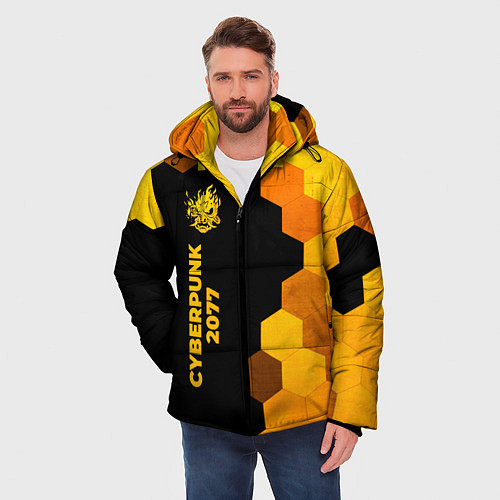 Мужская зимняя куртка Cyberpunk 2077 - gold gradient по-вертикали / 3D-Черный – фото 3