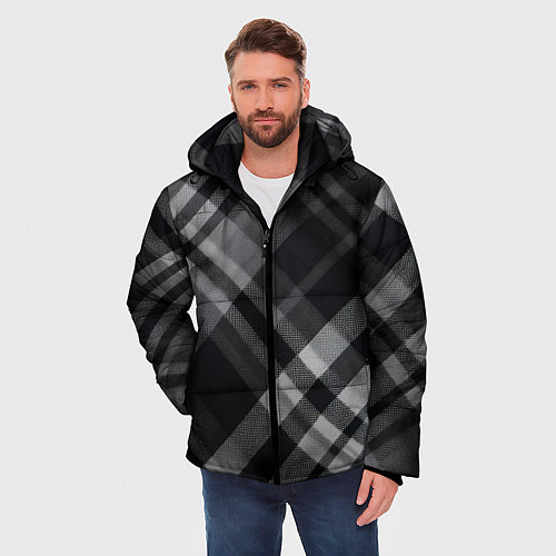 Мужская зимняя куртка Черно-белая диагональная клетка в шотландском стил / 3D-Черный – фото 3