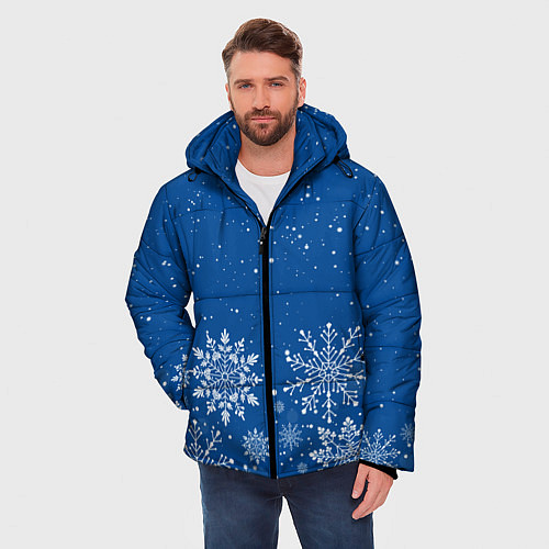 Мужская зимняя куртка Текстура снежинок на синем фоне / 3D-Черный – фото 3